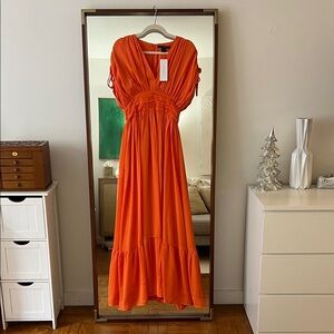Elegant Orange Maxi Dress with puff sleeve
